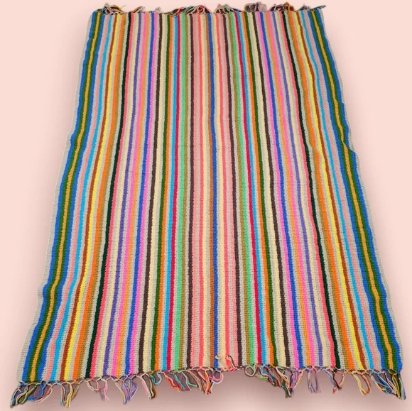 Vintage Striped Granny Square Afgan Blanket Queen Rainbow Multicolored Houndstoo - Picture 1 of 6